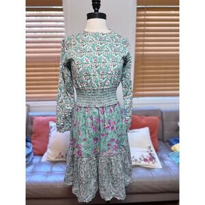 Porter Girls Floral‎ Smocked Waist Tiered Cotton Dress Mint Green Pink Size 16